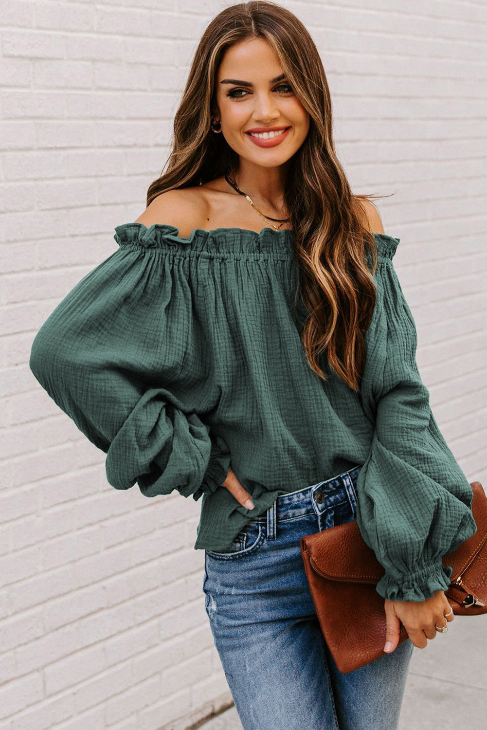 Wholesale Long Sleeve Tops, Cheap Green Offtheshoulder Ruffle Top Online