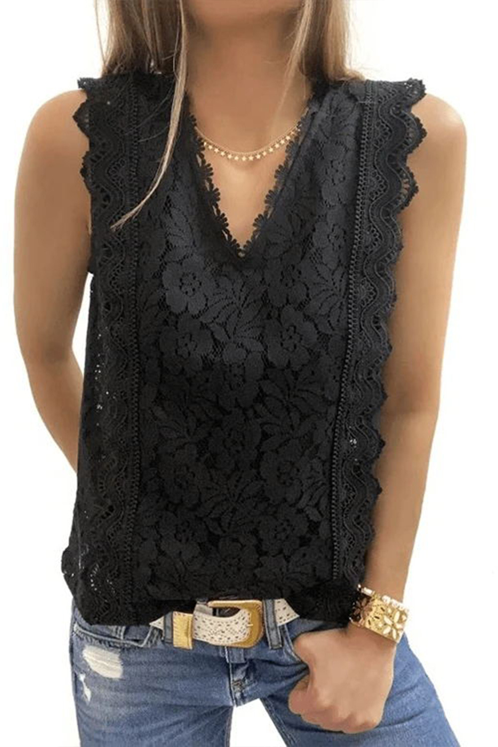Wholesale Tank Tops, Cheap Black Lace V Neck Tank Top Online