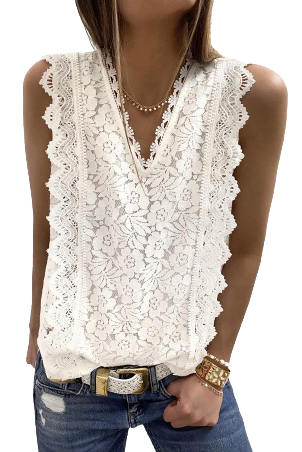 Wholesale Pre Order Tops, Cheap White Lace V Neck Tank Top Online