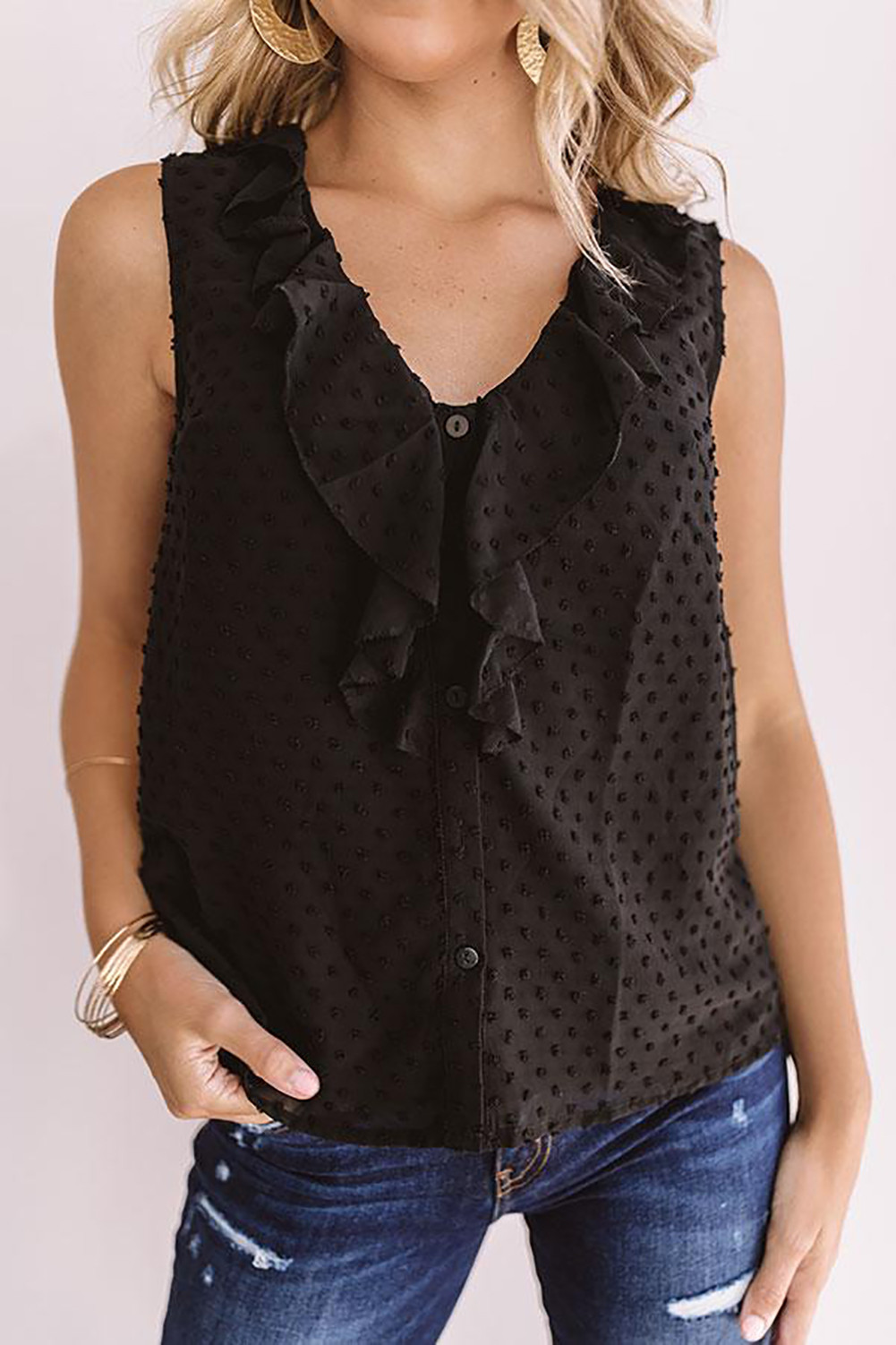 Wholesale Other Category, Cheap Black Ruffled Dotted Texture Tank Top