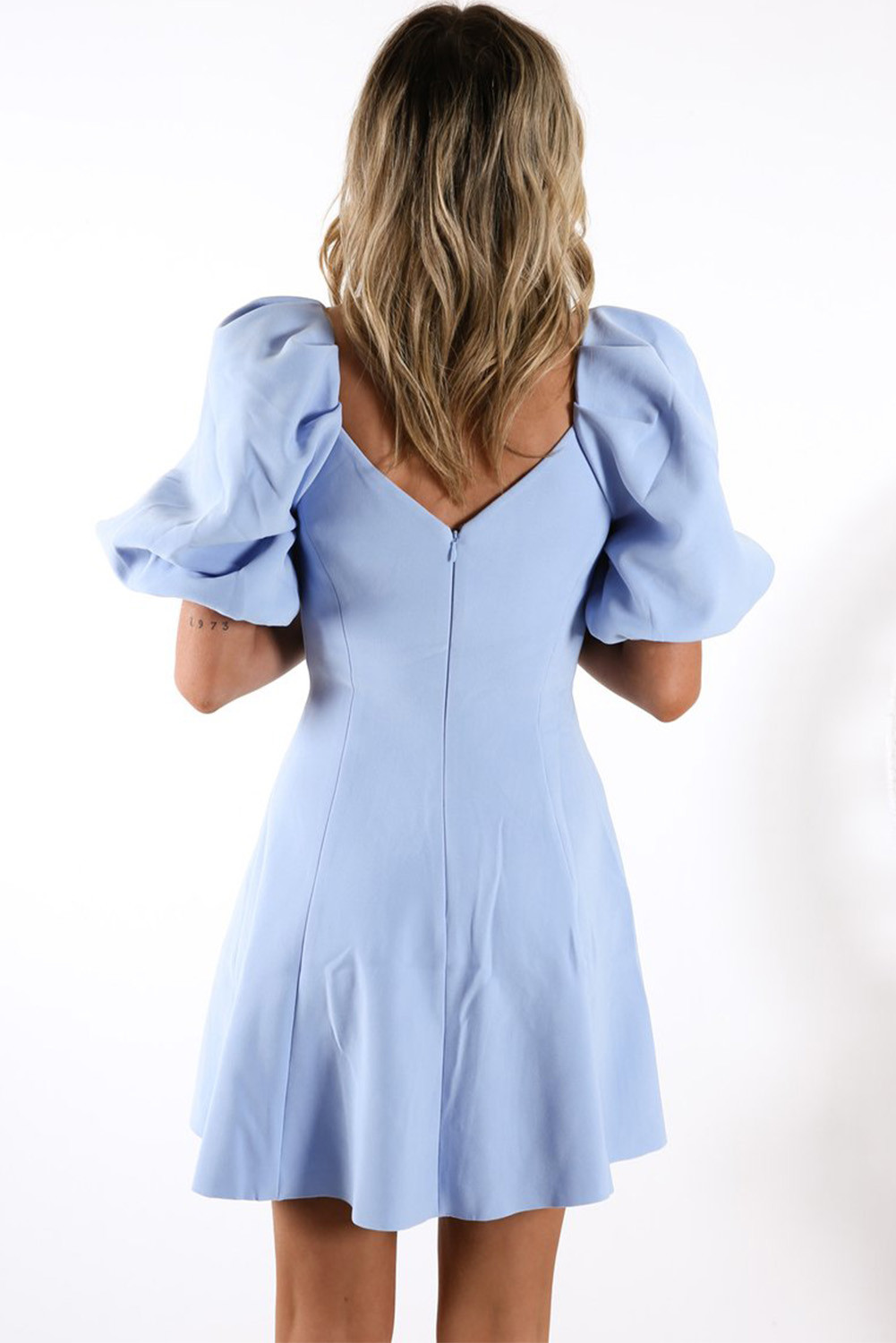 US$8.98 Blue Puff Sleeve V Neck Mini Dress Wholesale Online