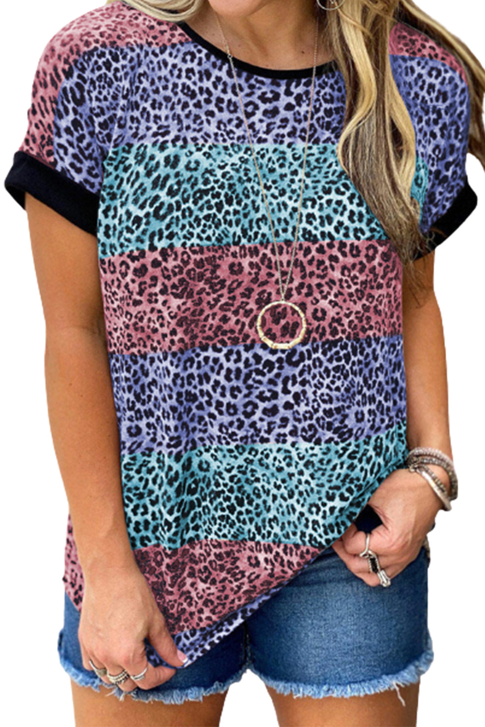 Wholesale Pre Order Tops, Cheap Multicolor Leopard Striped Colorblock T-shirt Online