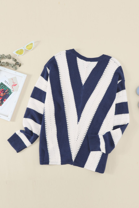 Color Block Striped V-Neck Button Detail Sweater