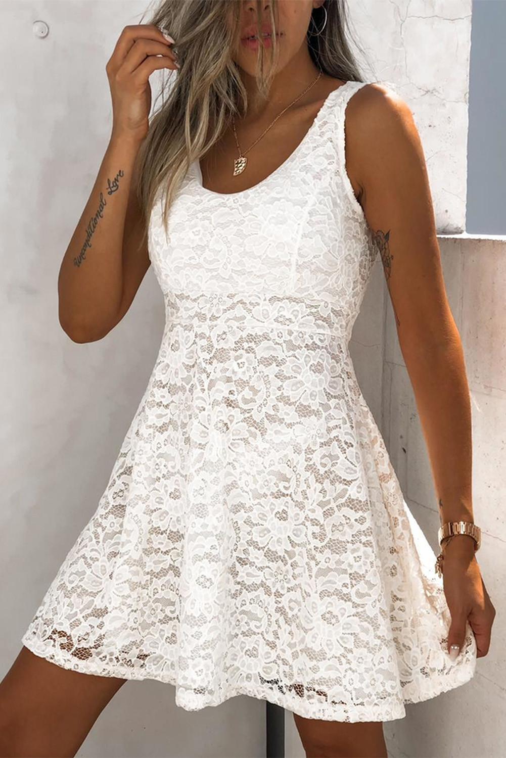 US$7.98 White Sleeveless Lace Mini Dress Wholesale Online