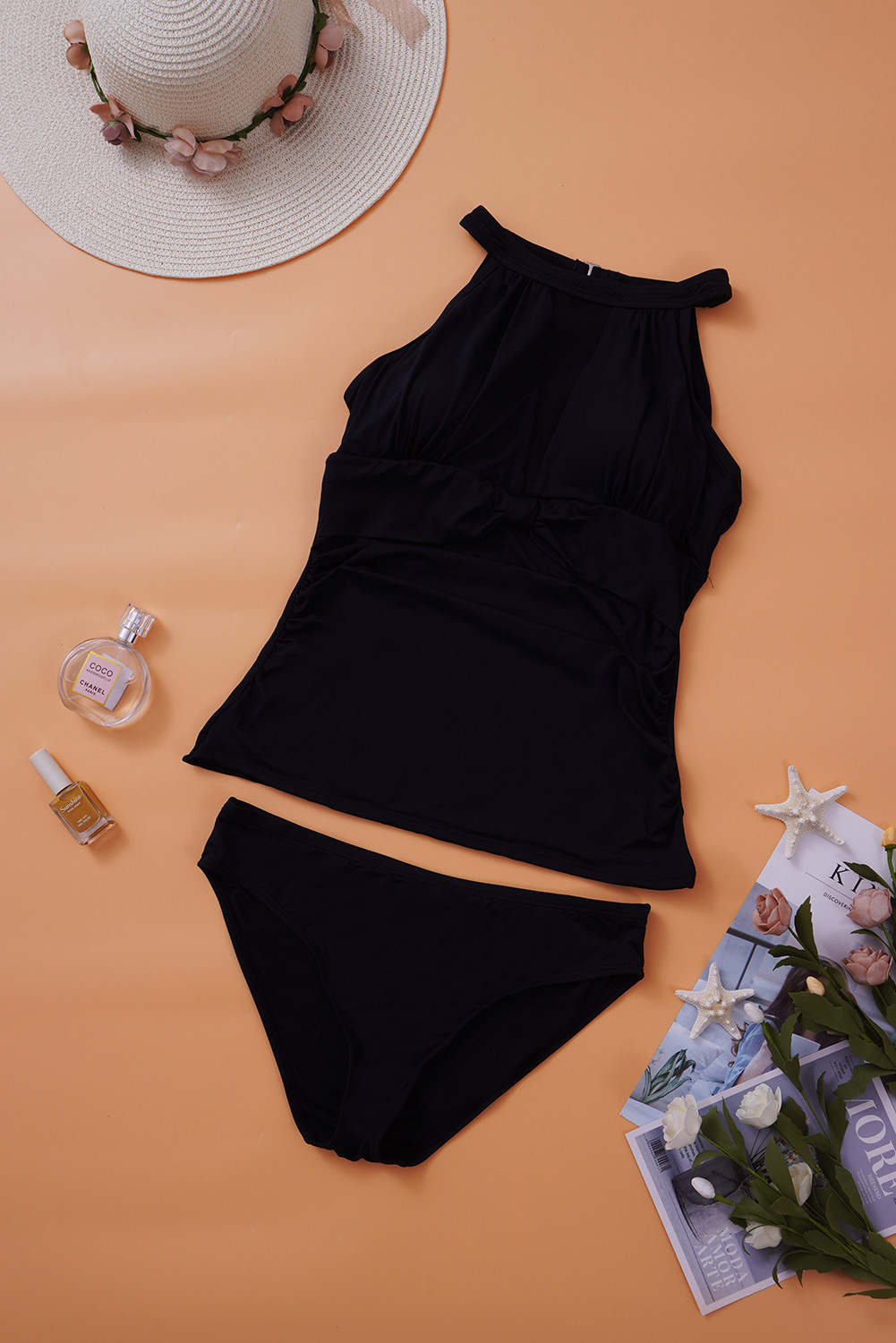 US7.98 Black High Neck Plunge Mesh Ruched Tankini Swimwear Wholesale