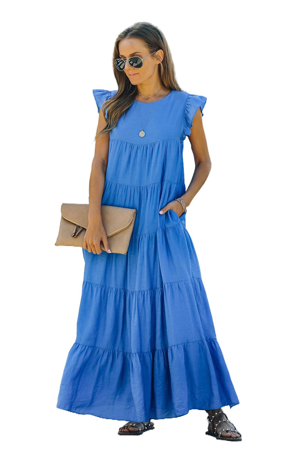 Wholesale Other Category, Cheap Blue Flutter Sleeve Pocketed Tiered ...