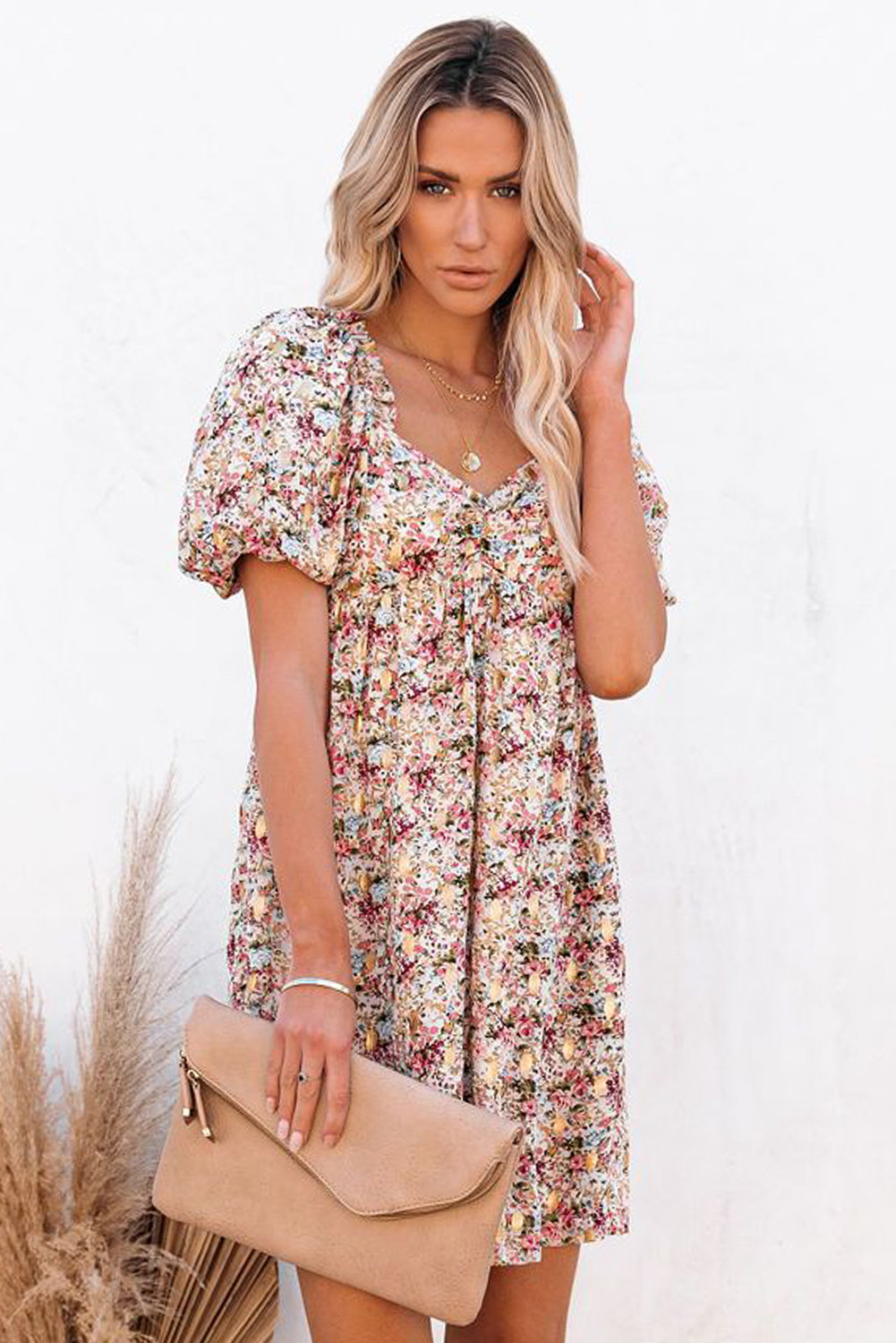 US$8.98 Puff Sleeve Floral Babydoll Mini Dress Wholesale Online