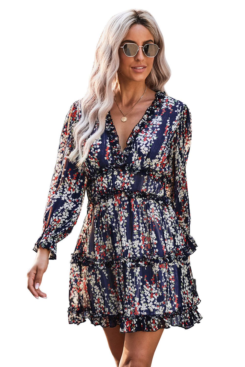 US$12.98 Blue Ruffle Detailing Open Back Floral Dress Wholesale Online