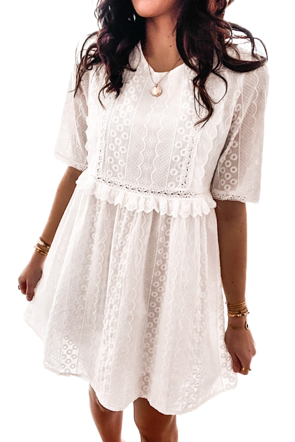 US$8.12 White Lace Mini Dress with Ruffled Detail Wholesale Online