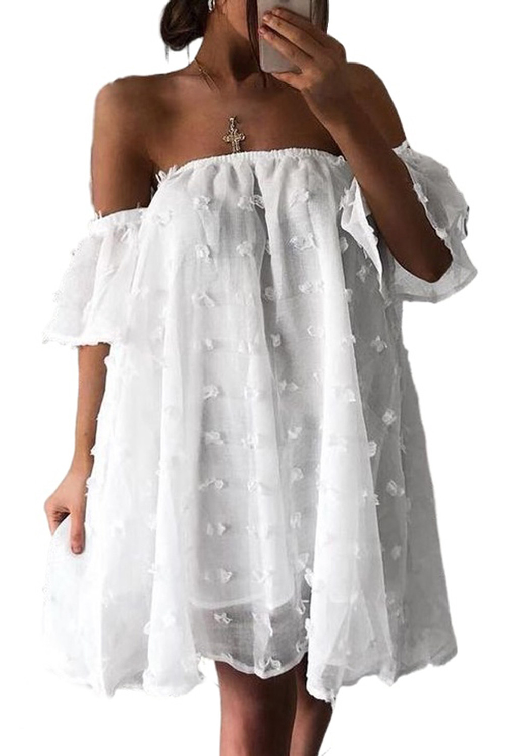 US$7.98 White Off Shoulder Mesh Flowy Mini Dress Wholesale Online