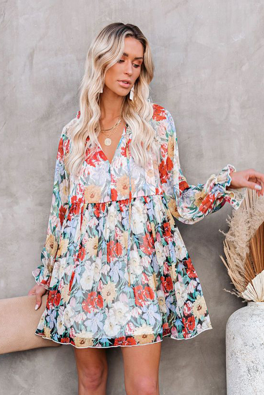 US$11.82 Multicolor Puff Sleeves Floral Mini Dress Wholesale Online