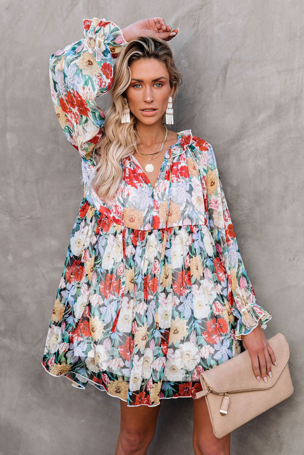 US$11.82 Multicolor Puff Sleeves Floral Mini Dress Wholesale Online