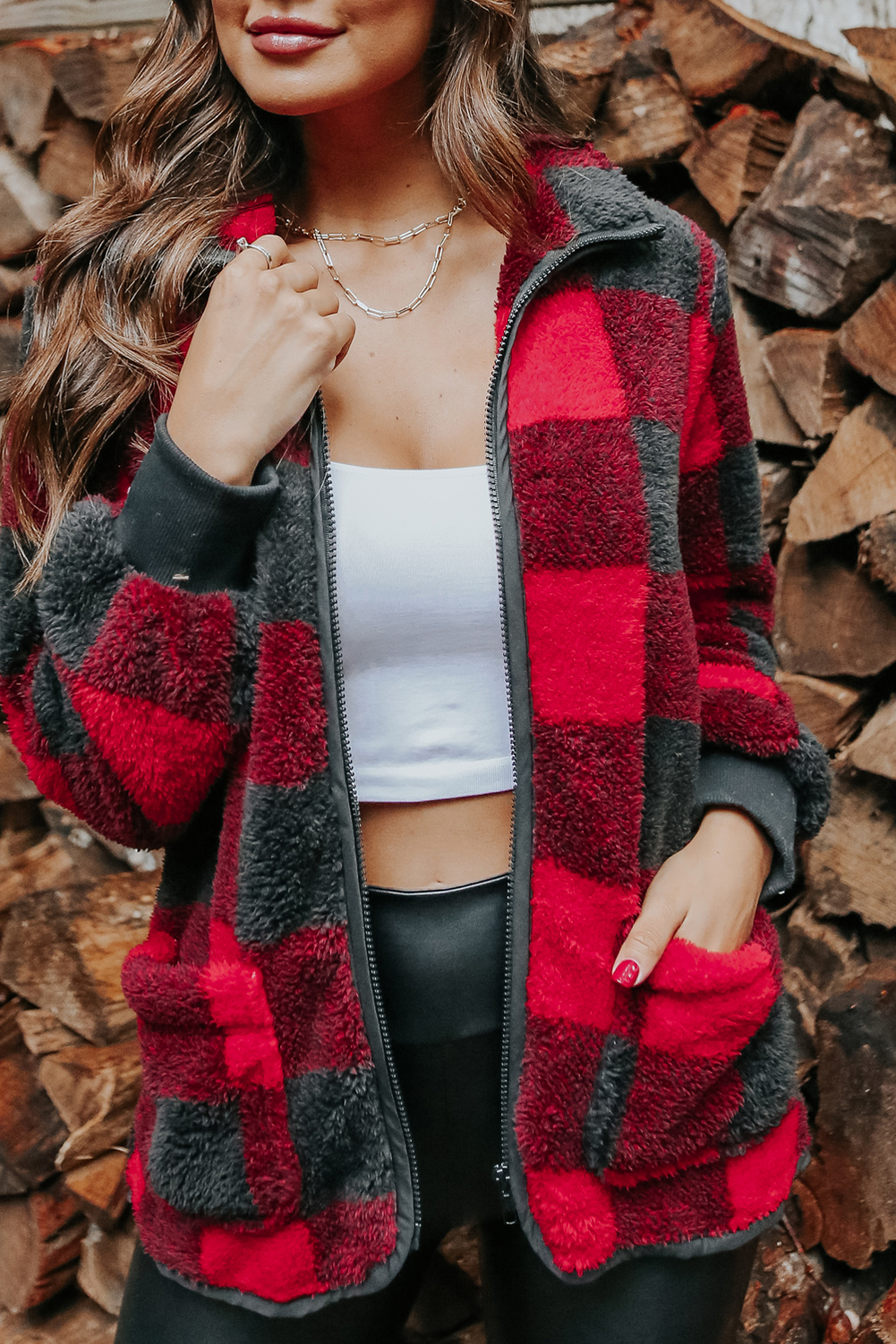 9.69 Fiery Red Plaid Zipper Up Pocketed Fleece Jacket Wholesale